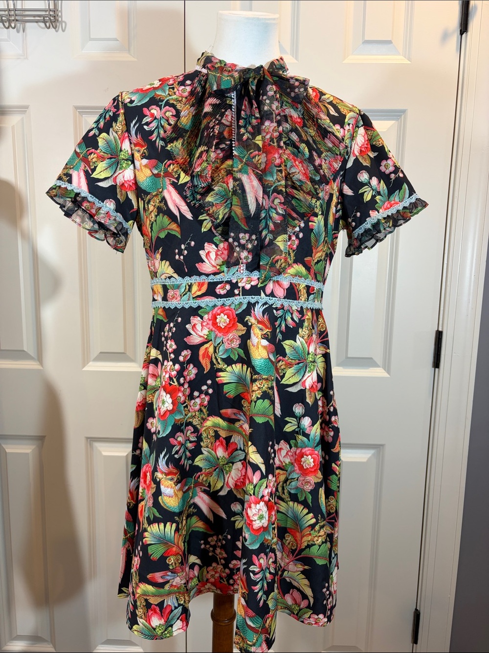 Floral Tie-Neck A-Line Dress in Black with Pink & Green Print